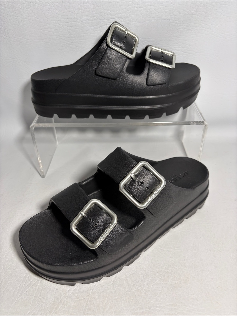 J Slides Black Double Buckle Platform Sandals Size 7
